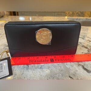 bebe Melendy Zip Around Black Leather Wallet with Gold Medallion Accent